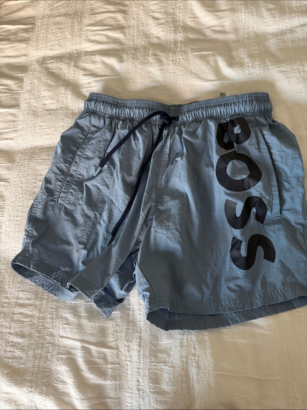 Boss Light Blue Athletic Swim Shorts with Navy Drawcord